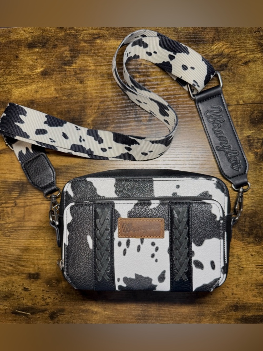 Wrangler Cow Print Crossbody Bag Western Style Guitar Strap Black White